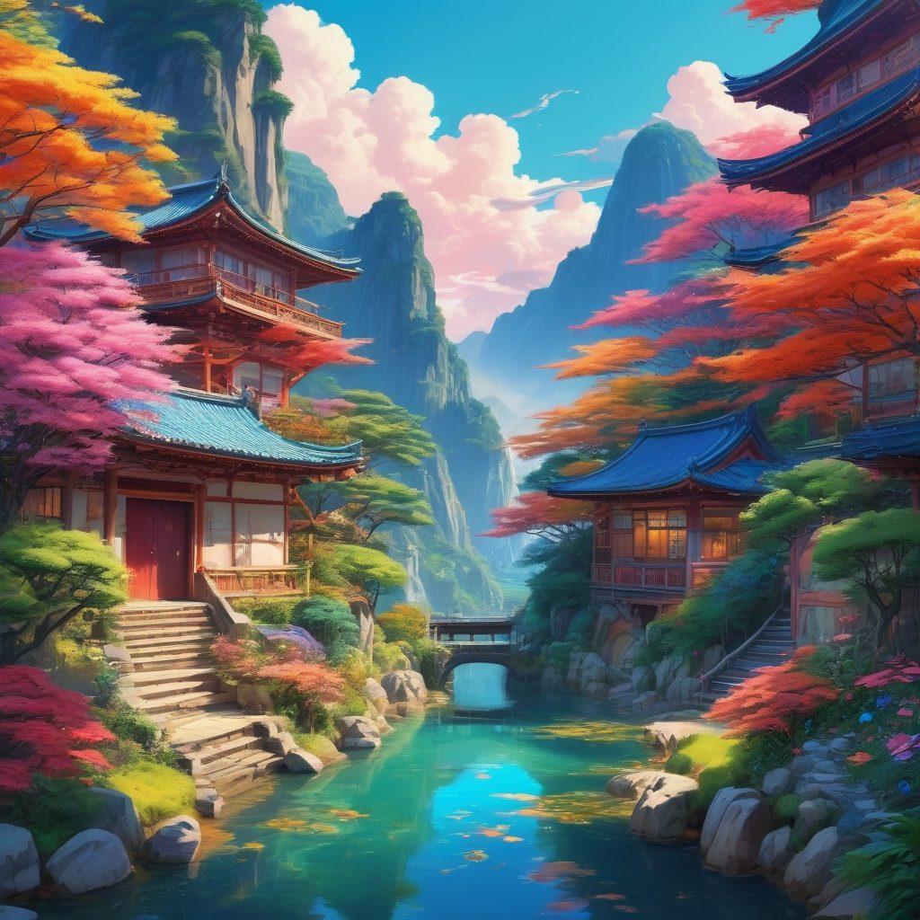 A vibrant and dynamic illustration featuring a colorful anime-inspired fantasy landscape filled with imaginative characters engaged in creative activities. Include elements of adult content subtly integrated into the scene, emphasizing a blend of artistry and allure, with intricate details showcasing the diversity of anime and manga styles. Use an array of vivid colors to convey energy and enthusiasm. digital art. vibrant colors. fantasy style.