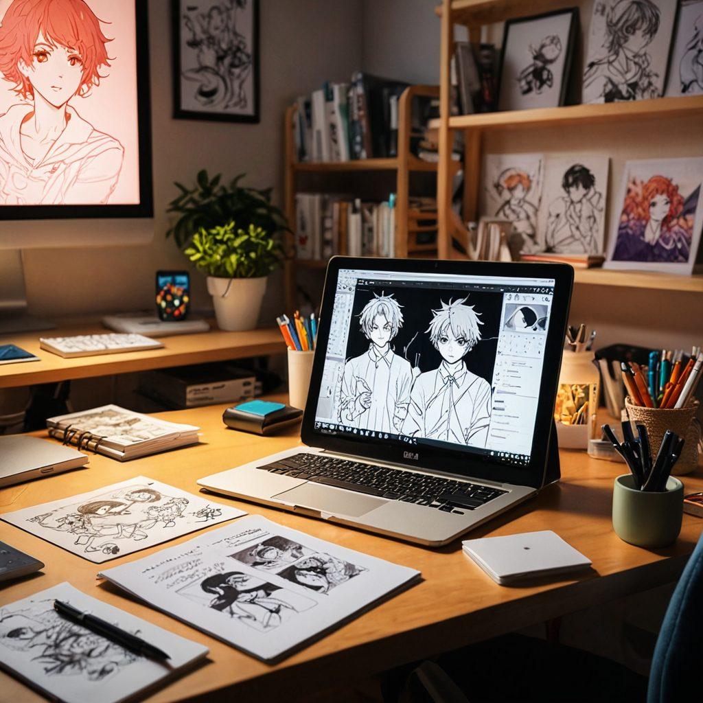 A dynamic scene showcasing an artist's workspace, featuring a digital tablet displaying an adult manga character in various stages of animation, surrounded by sketches, color swatches, and animation software interface on a computer screen. Subtle hints of adult manga themes can be incorporated, emphasizing creativity and technology. Soft ambient lighting to highlight the workspace. vibrant colors. super-realistic.