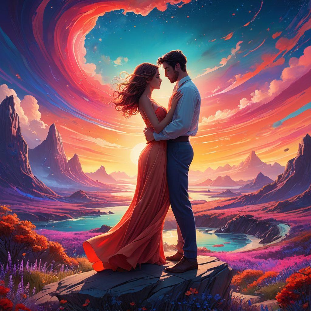 A captivating artwork featuring a fusion of fantasy and art, illustrating a vivid scene from an adult animation. Emphasize dreamy landscapes and sensual characters intertwined in a dynamic pose, showcasing fluid lines and expressive features. Use a palette filled with rich, bold colors to evoke emotion and allure. The background should be abstract, enhancing the ethereal vibe while maintaining an artistic touch. surrealism. vibrant colors. 3D elements.